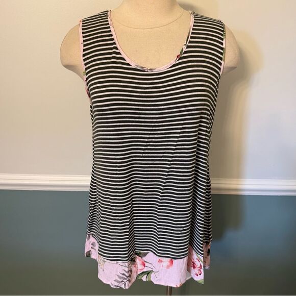 Wallpapher Nordstrom Black & White Stripe Floral-Print Contrast Tank Top Large - Picture 2 of 7